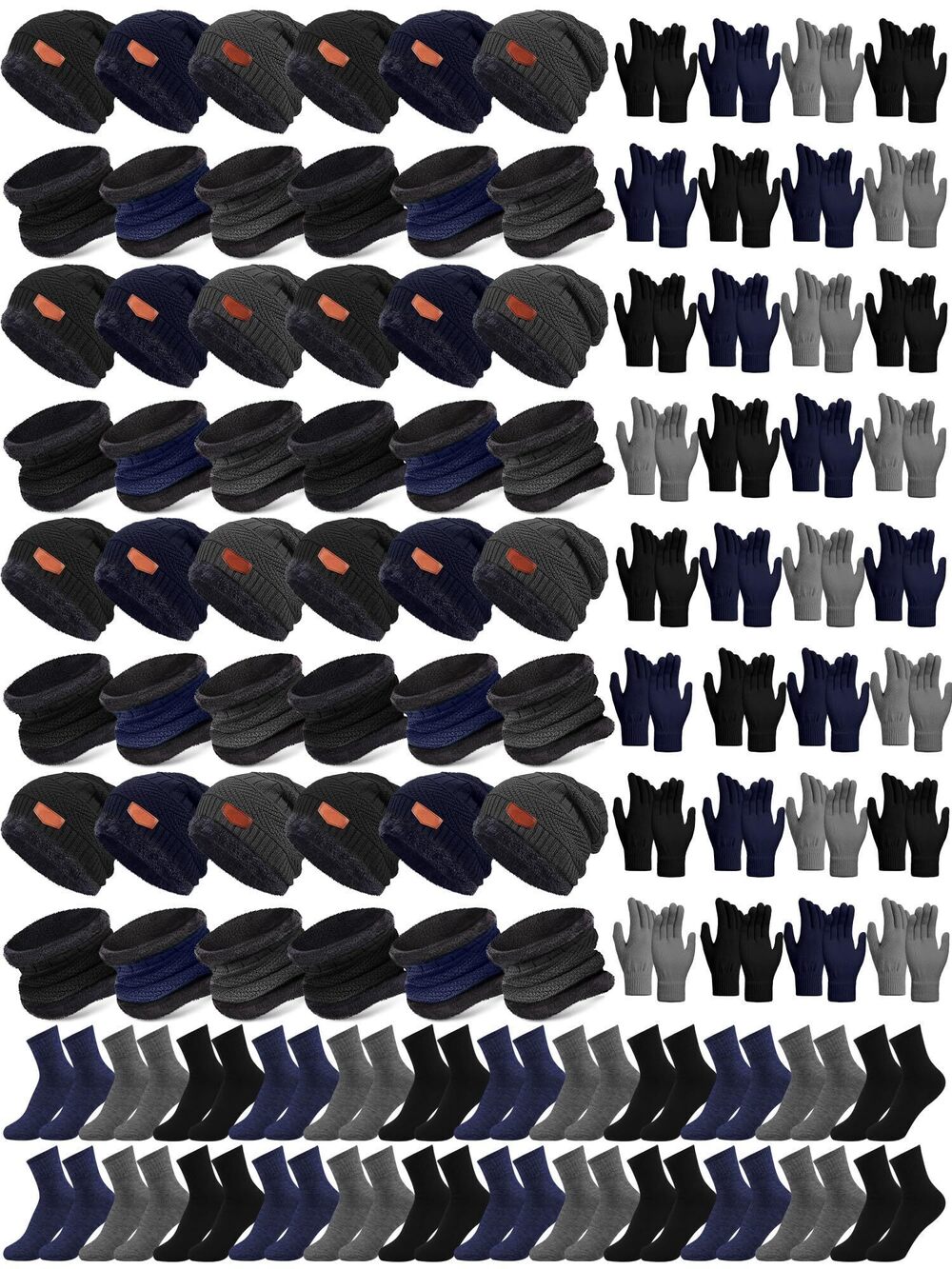 3059 96 Pcs Winter Hats Gloves Scarves Socks Bulk Fleece Lined Beanie Caps